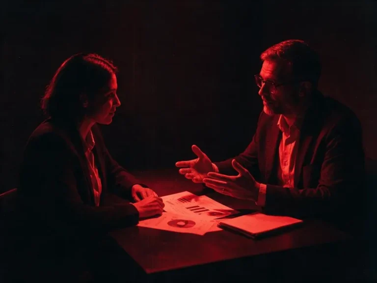 Dos personas conversando sobre graficas impresas, en duotono rojo