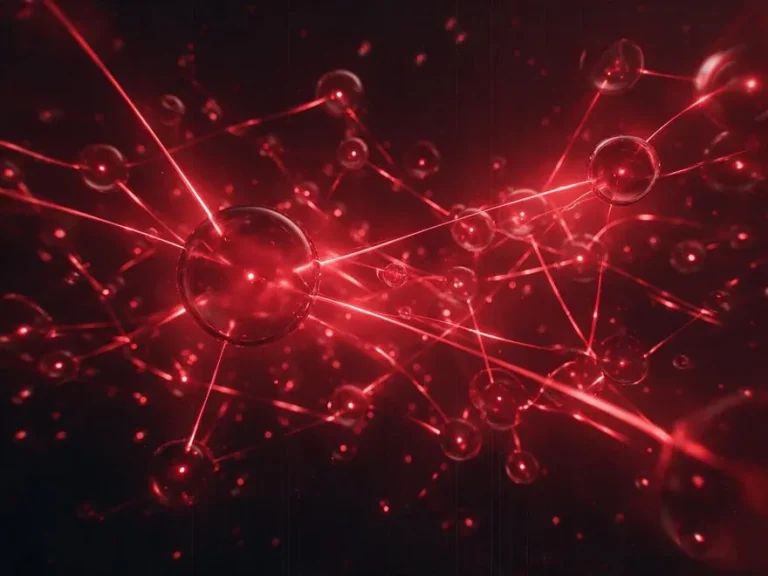 Red de nodos conectados por trazos de luz, en duotono rojo