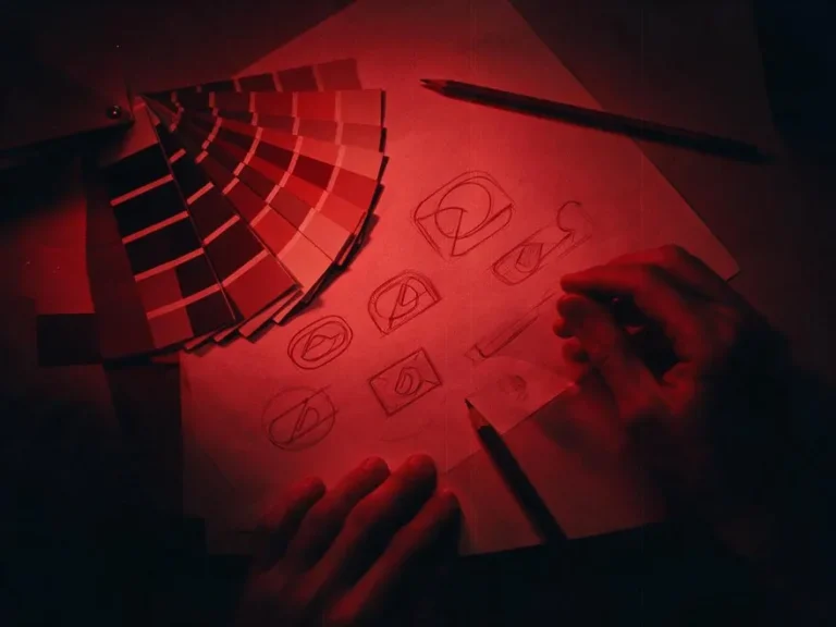 Bocetos de logo y muestras de color sobre un escritorio, en duotono rojo