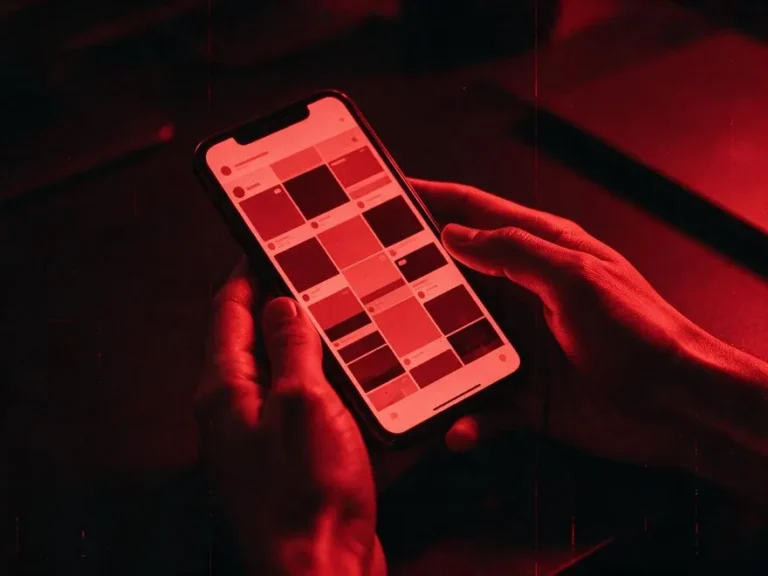 Manos sosteniendo un telefono con un feed de redes sociales, en duotono rojo