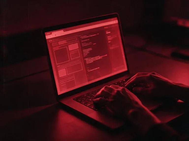 Portatil mostrando el esquema de un sitio y codigo, en duotono rojo
