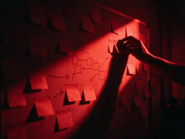 Muro de notas adhesivas conectadas con flechas, en duotono rojo
