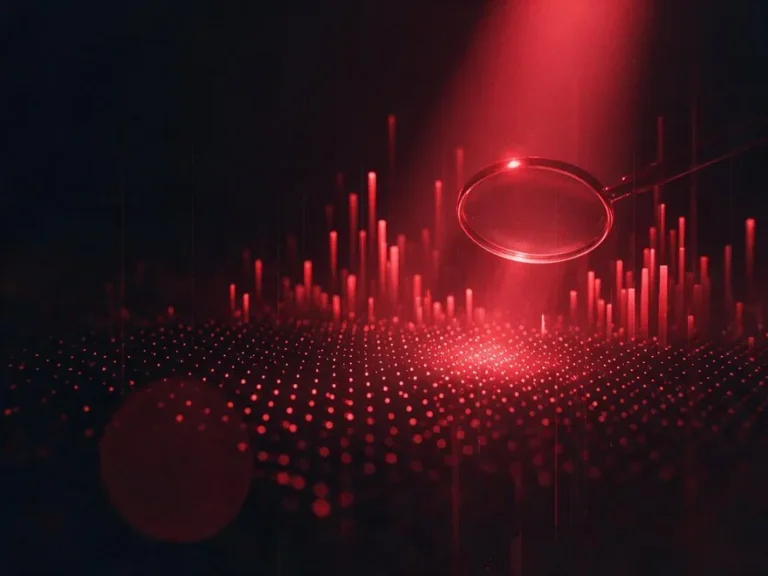 Lupa sobre una malla de datos y graficas, en duotono rojo