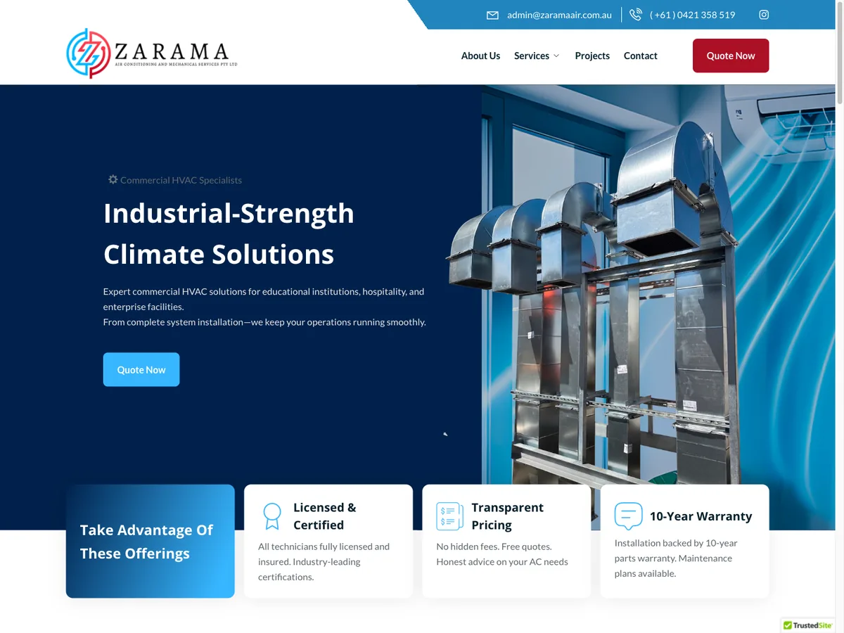 Sitio web de Zarama Air, aire acondicionado comercial en Australia